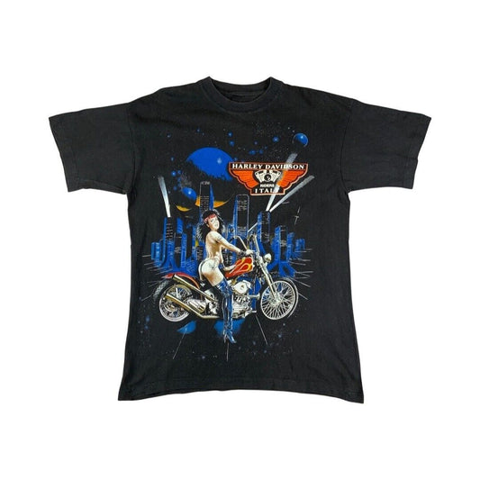 Vintage 1999 Black Harley Davidson Riders Italy Double Sided Graphic T-Shirt Lrg