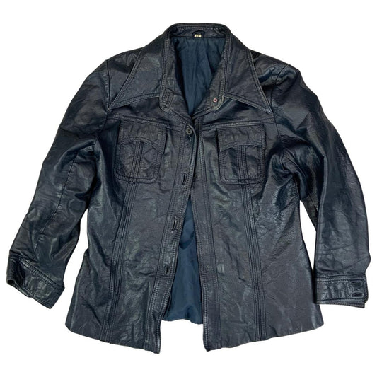 VTG 70s UNISEX BLUE LEATHER JACKET COAT BLAZER BIG COLLARS DISCO MOD 34” XS