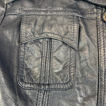 VTG 70s UNISEX BLUE LEATHER JACKET COAT BLAZER BIG COLLARS DISCO MOD 34” XS