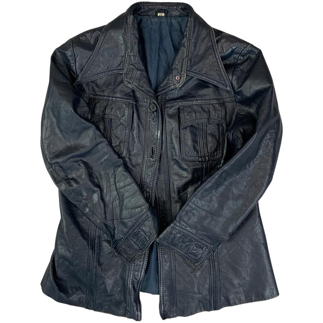 VTG 70s UNISEX BLUE LEATHER JACKET COAT BLAZER BIG COLLARS DISCO MOD 34” XS