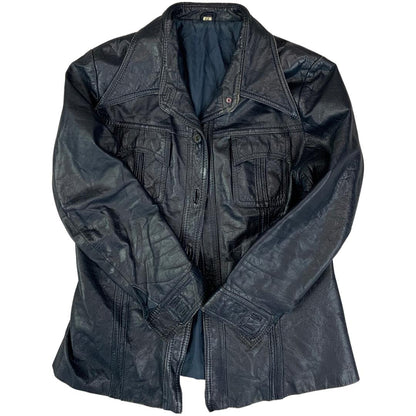 VTG 70s UNISEX BLUE LEATHER JACKET COAT BLAZER BIG COLLARS DISCO MOD 34” XS