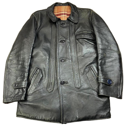 VTG 1970s HEAVY LEATHER JACKET WOOL BLANKET LINED COAT BUTTON DOWN BIKER 38” S