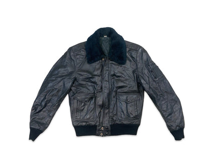 VTG 1970s BLACK SOFT LEATHER JACKET FAUX FUR COLLAR VGC S 36”