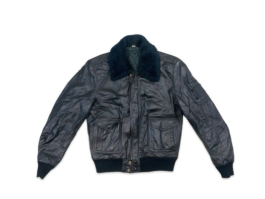 VTG 1970s BLACK SOFT LEATHER JACKET FAUX FUR COLLAR VGC S 36”