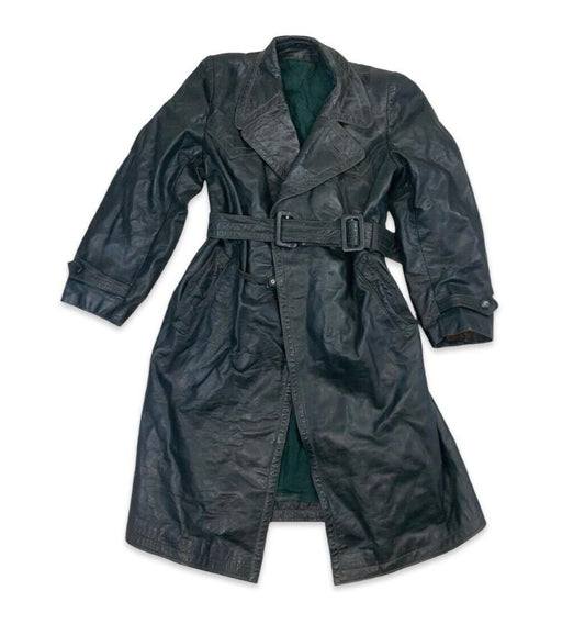 VTG WW2 GREEN LEATHER MOTORCYCLE COAT BARNSTORMER DISPATCH MOLESKIN LINED S 38”