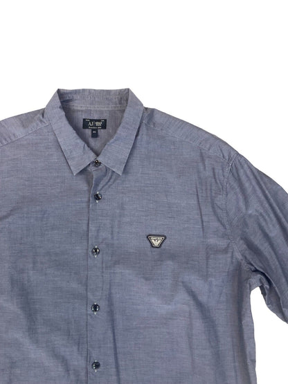 VINTAGE 90s 00s ARMANI JEANS BLUE GREY LONG SLEEVED BUTTON UP SHIRT EXTRA LARGE