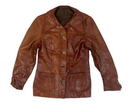 VTG 1970s WOMENS SOFT BROWN LEATHER FITTED LARGE COLLAR JACKET DISCO XXS 32”