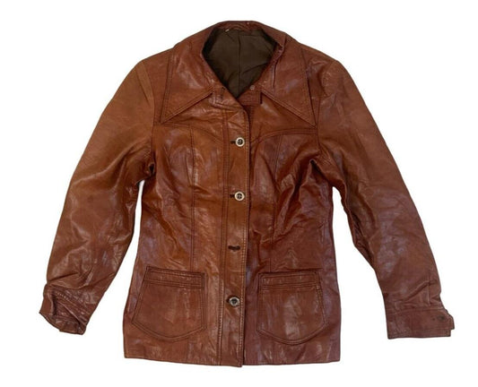 VTG 1970s WOMENS SOFT BROWN LEATHER FITTED LARGE COLLAR JACKET DISCO XXS 32”