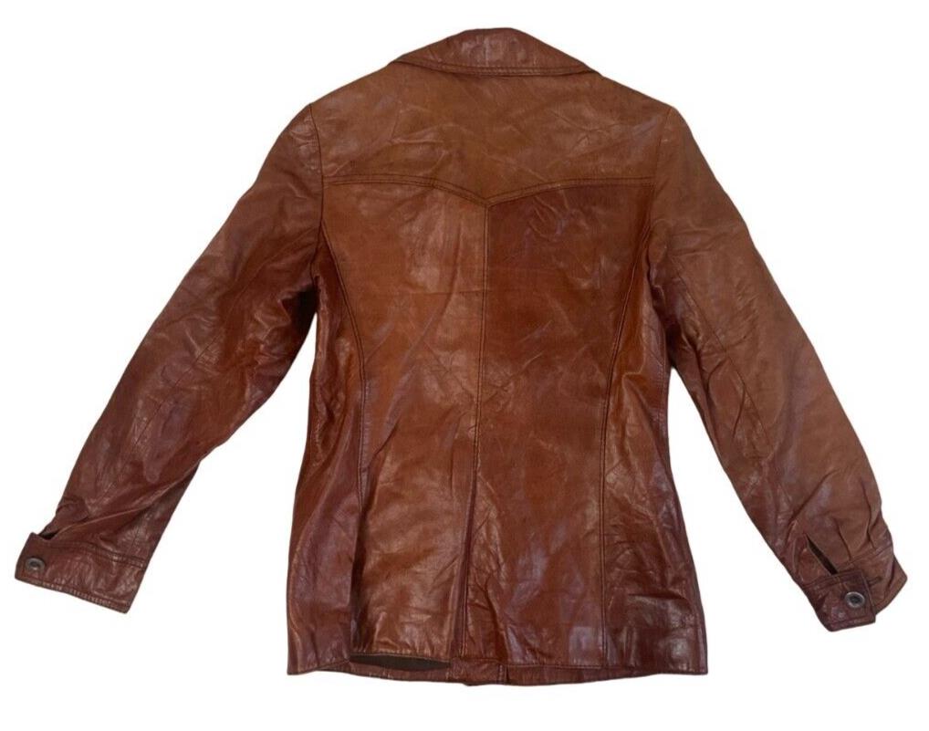 VTG 1970s WOMENS SOFT BROWN LEATHER FITTED LARGE COLLAR JACKET DISCO XXS 32”