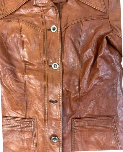 VTG 1970s WOMENS SOFT BROWN LEATHER FITTED LARGE COLLAR JACKET DISCO XXS 32”