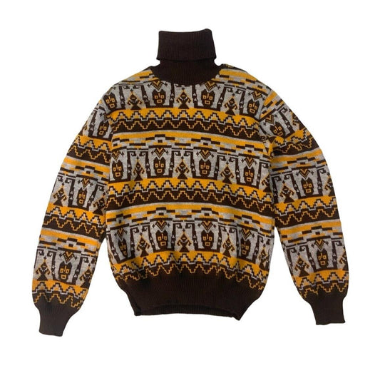 VTG 1970s CRAZY GEOMETRIC TRIBAL PATTERN TURTLE NECK KNIT JUMPER S 38