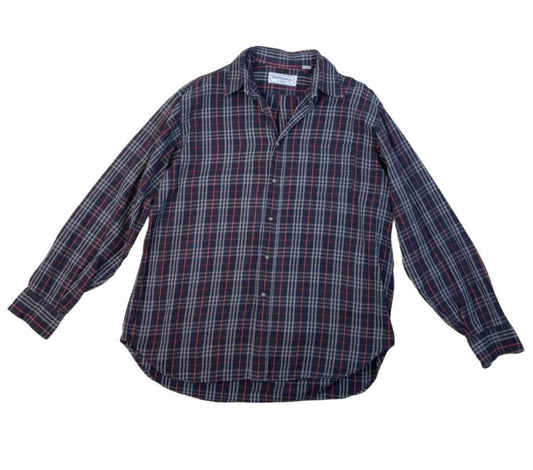 VINTAGE 80s BURBERRYS NOVA CHECK SHIRT NAVY BLUE SIZE L