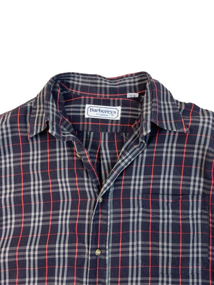 VINTAGE 80s BURBERRYS NOVA CHECK SHIRT NAVY BLUE SIZE L