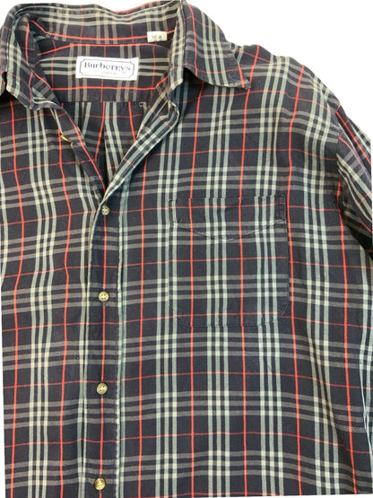VINTAGE 80s BURBERRYS NOVA CHECK SHIRT NAVY BLUE SIZE L