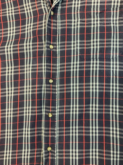 VINTAGE 80s BURBERRYS NOVA CHECK SHIRT NAVY BLUE SIZE L
