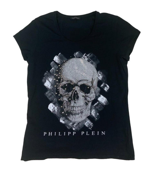 PHILIPP PLEIN GEMSTONE GRAPHIC SKULL PRINT T SHIRT BLACK SIZE M 12