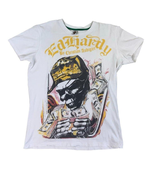 ED HARDY Y2K WHITE GRAPHIC ALL OVER PRINT GEMSTONE TEE SIZE M