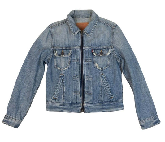 VTG 90s JAPANESE LEVIS PLEAT FRONT ZIP UP TYPE 2 DISTRESSED DENIM JACKET S 36