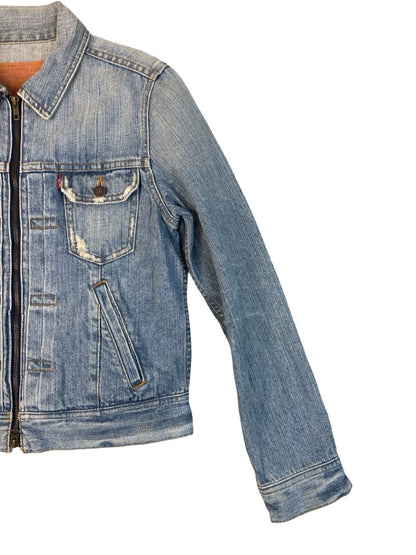 VTG 90s JAPANESE LEVIS PLEAT FRONT ZIP UP TYPE 2 DISTRESSED DENIM JACKET S 36