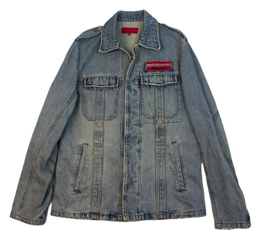 VTG FCUK INDIAN MOTORCYCLES EMBROIDERED DENIM JACKET BIKER CHIEF SCOUT M 40