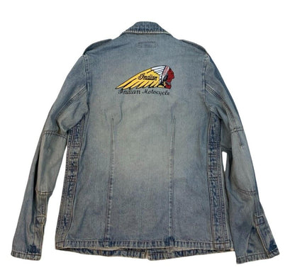 VTG FCUK INDIAN MOTORCYCLES EMBROIDERED DENIM JACKET BIKER CHIEF SCOUT M 40