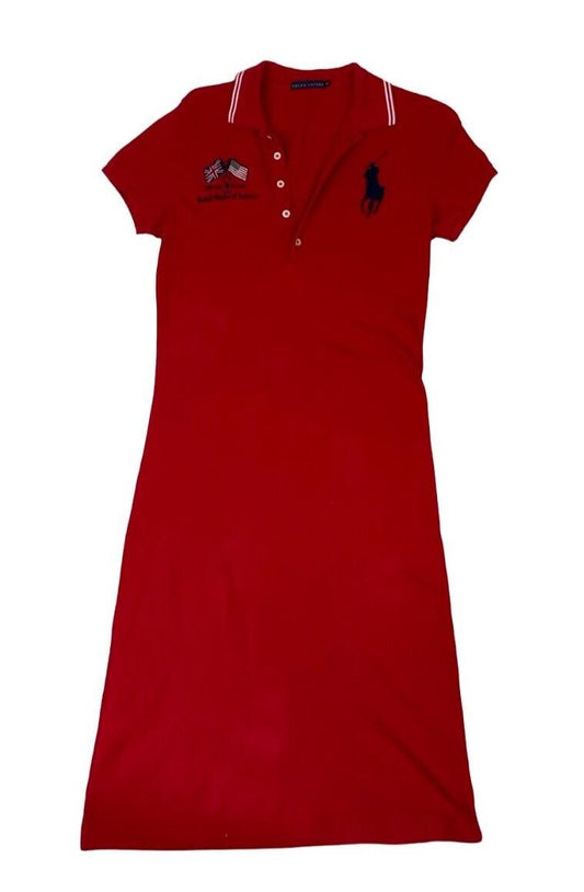 RALPH LAUREN RED EMBROIDERED COLLARED POLO DRESS SIZE S 8 10