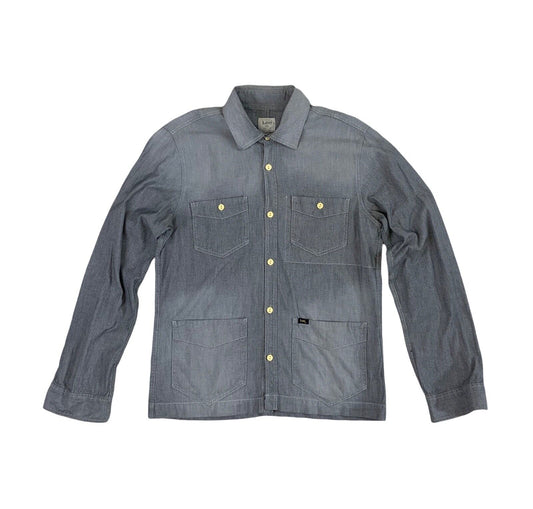 VTG LEE 101 SALT & PEPPER CHAMBRAY 4 POCKET CHORE JACKET SHIRT USA WORKWEAR S 36