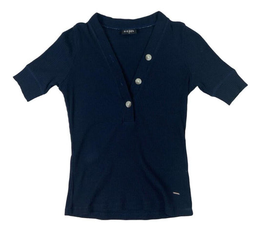Y2K DIESEL RIBBED BUTTON UP V NECK TOP NAVY BLUE SIZE S