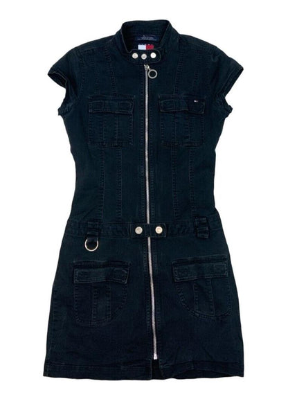 VTG Y2K TOMMY HILFIGER NAVY BLUE ZIP UP DENIM MINI DRESS SIZE S