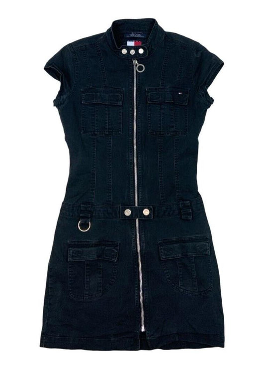 VTG Y2K TOMMY HILFIGER NAVY BLUE ZIP UP DENIM MINI DRESS SIZE S