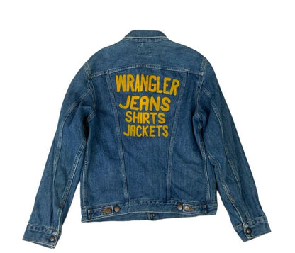 VTG WRANGLER REAR FELT LOGO 4 POCKET DENIM WESTERN JACKET COWBOY RODEO S 38”