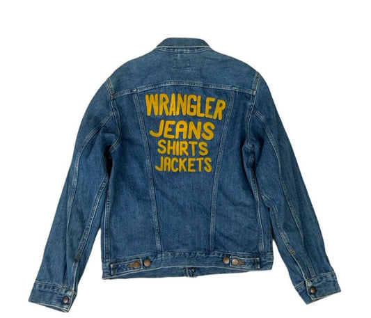 VTG WRANGLER REAR FELT LOGO 4 POCKET DENIM WESTERN JACKET COWBOY RODEO S 38”