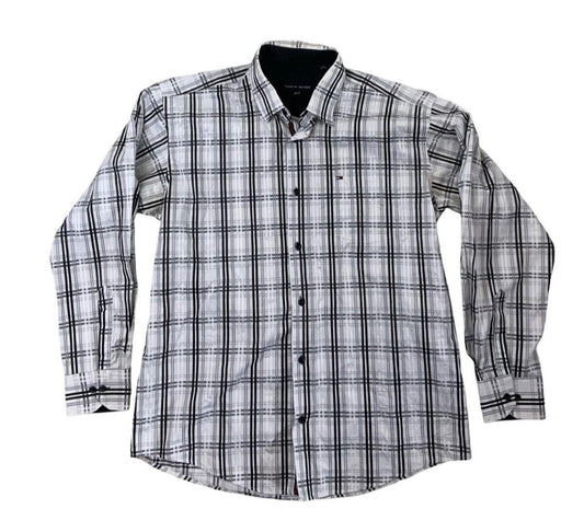 VTG 00s TOMMY HILFIGER WHITE BLACK GREY LONG SLEEVE CHECK SHIRT SIZE XL