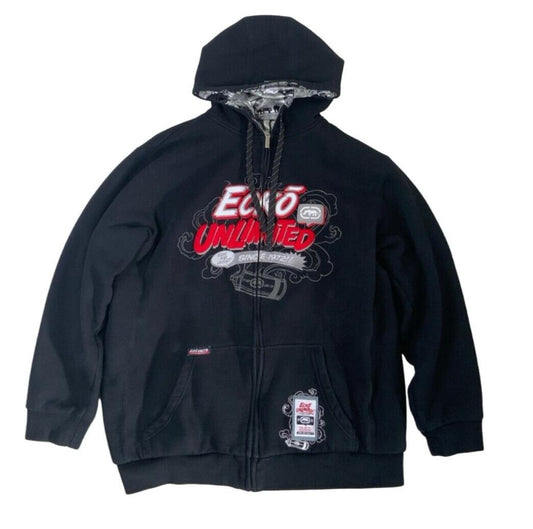 VTG Y2K ECKO UNLIMITED BLACK RED ZIP UP EMBROIDERED GRAPHIC HOODIE SIZE XL