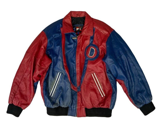 VTG 90s RED & BLUE LEATHER DISPLAY VARSITY JACKET OVERSIZED LETTERMAN L 44