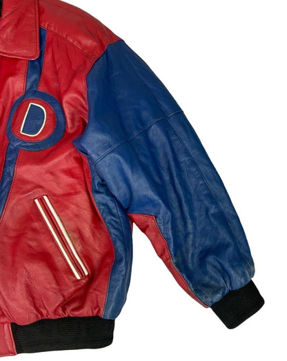 VTG 90s RED & BLUE LEATHER DISPLAY VARSITY JACKET OVERSIZED LETTERMAN L 44