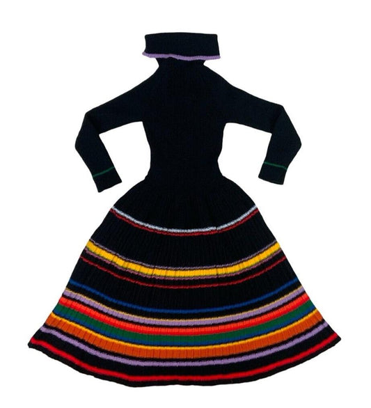 VTG 70S 80s BLACK MULTICOLOUR STRIPE KNITTED ROLL NECK MIDI DRESS SIZE S 8