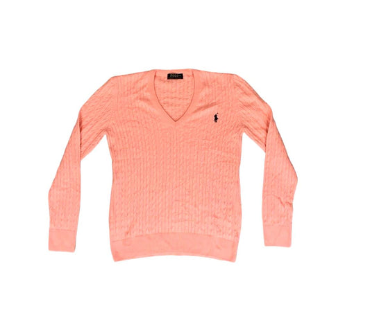 VTG 90s 00s POLO RALPH LAUREN PINK CABLE KNIT V NECK KNIT JUMPER SIZE L
