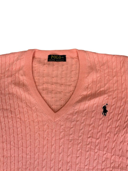 VTG 90s 00s POLO RALPH LAUREN PINK CABLE KNIT V NECK KNIT JUMPER SIZE L