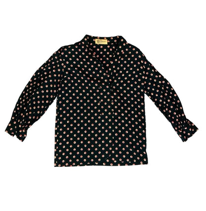 VTG 80s GIVENCHY BLACK CHERRY POLKA DOT LONG SLEEVE BLOUSE SIZE M