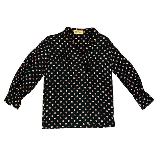 VTG 80s GIVENCHY BLACK CHERRY POLKA DOT LONG SLEEVE BLOUSE SIZE M