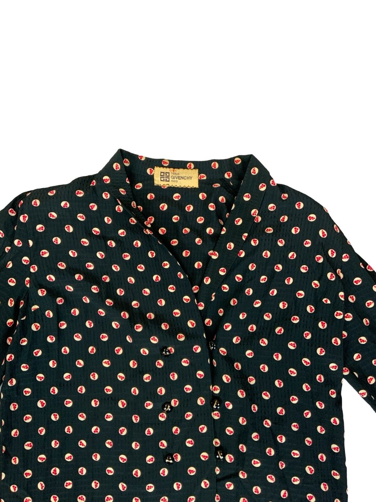 VTG 80s GIVENCHY BLACK CHERRY POLKA DOT LONG SLEEVE BLOUSE SIZE M