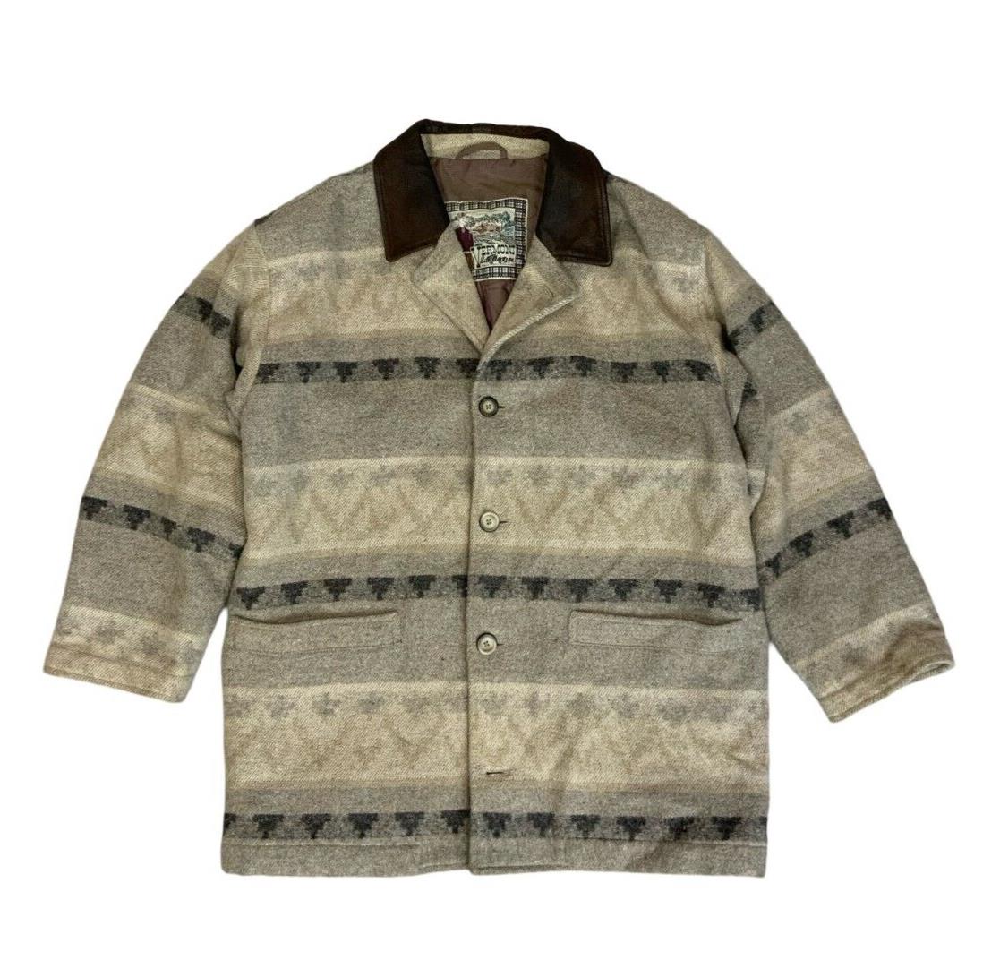 VTG 80s GREY QUILTED AZTEC WOOL LEATHER COLLARED BUTTON UP JACKET SIZE XL