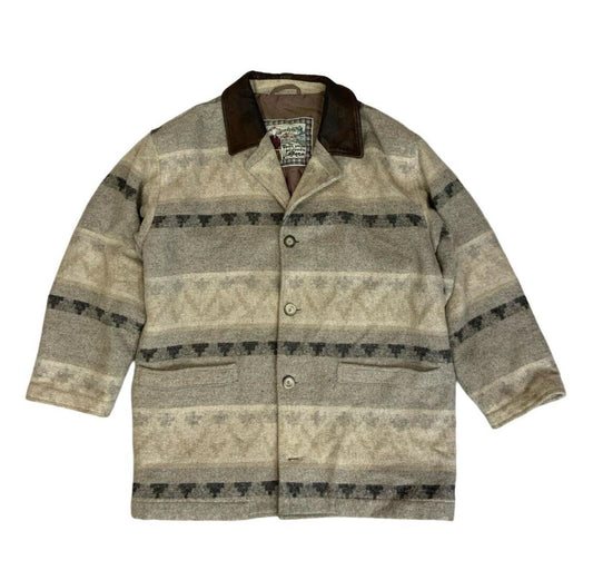VTG 80s GREY QUILTED AZTEC WOOL LEATHER COLLARED BUTTON UP JACKET SIZE XL