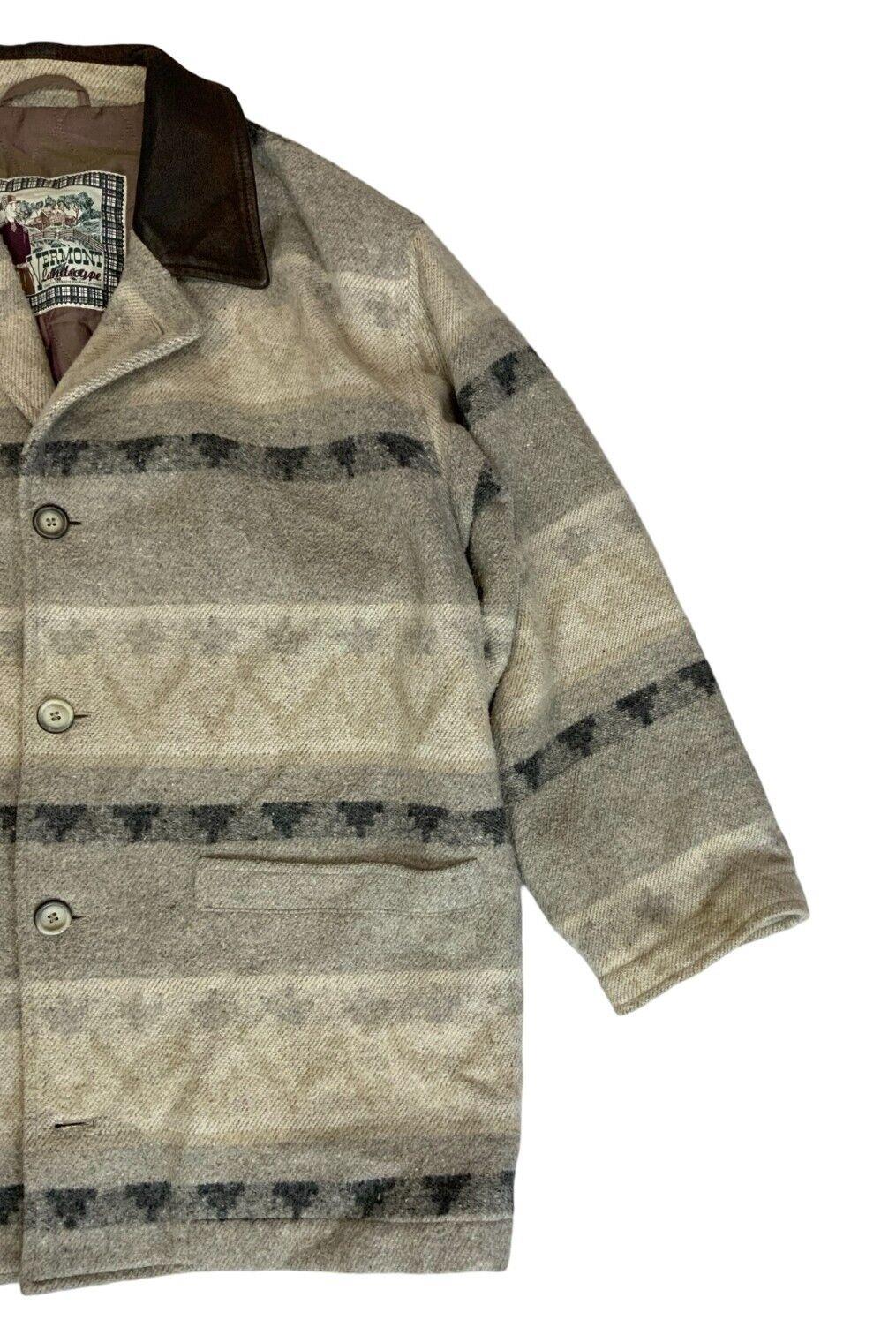 VTG 80s GREY QUILTED AZTEC WOOL LEATHER COLLARED BUTTON UP JACKET SIZE XL
