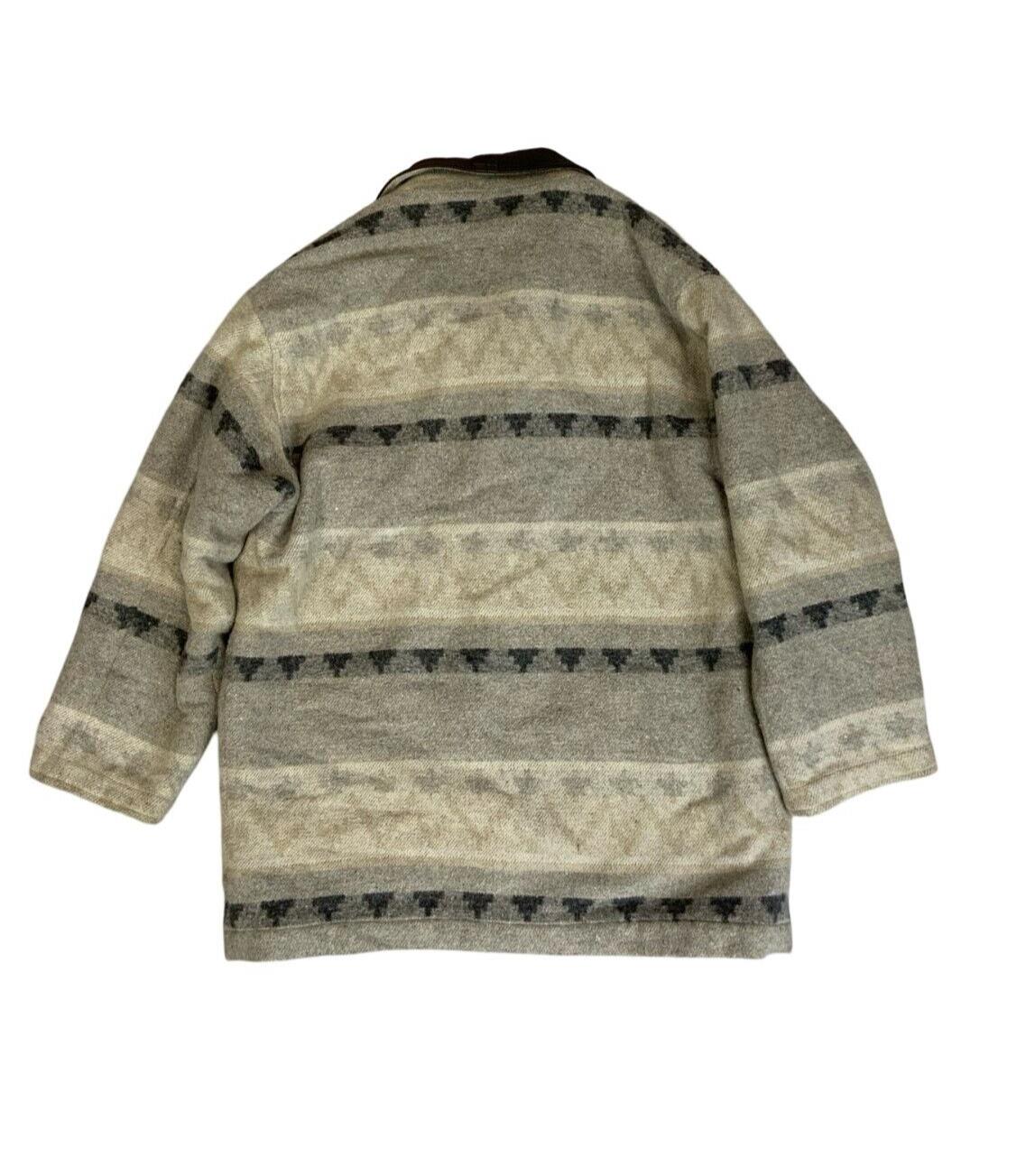 VTG 80s GREY QUILTED AZTEC WOOL LEATHER COLLARED BUTTON UP JACKET SIZE XL