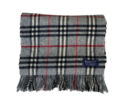 VTG 80s BURBERRYS GRERY RED BLACK NOVA CHECK LAMBSWOOL SCARF