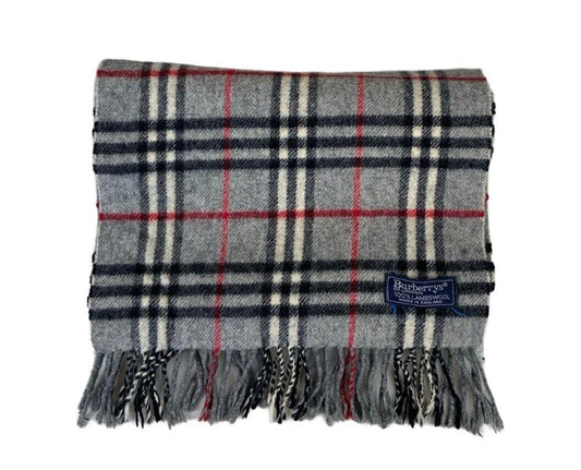 VTG 80s BURBERRYS GRERY RED BLACK NOVA CHECK LAMBSWOOL SCARF