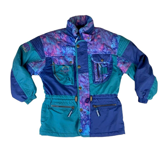 VTG 80s 90s DESCENTE BLUE PURPLE RETRO PRINTED SKI JACKET SIZE L