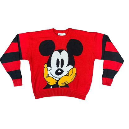 VTG 90s MICKEY MOUSE & CO DISNEY RED BLACK GRAPHIC CREW NECK KNIT JUMPER XL